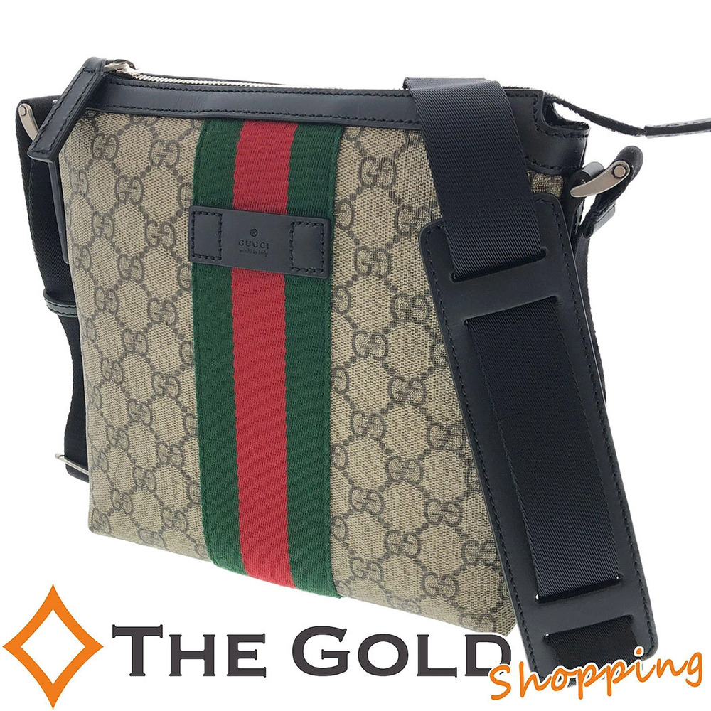 Gucci GG Supreme Sherry Web Stripe Flat Messenger Bag Canvas Beige Brown